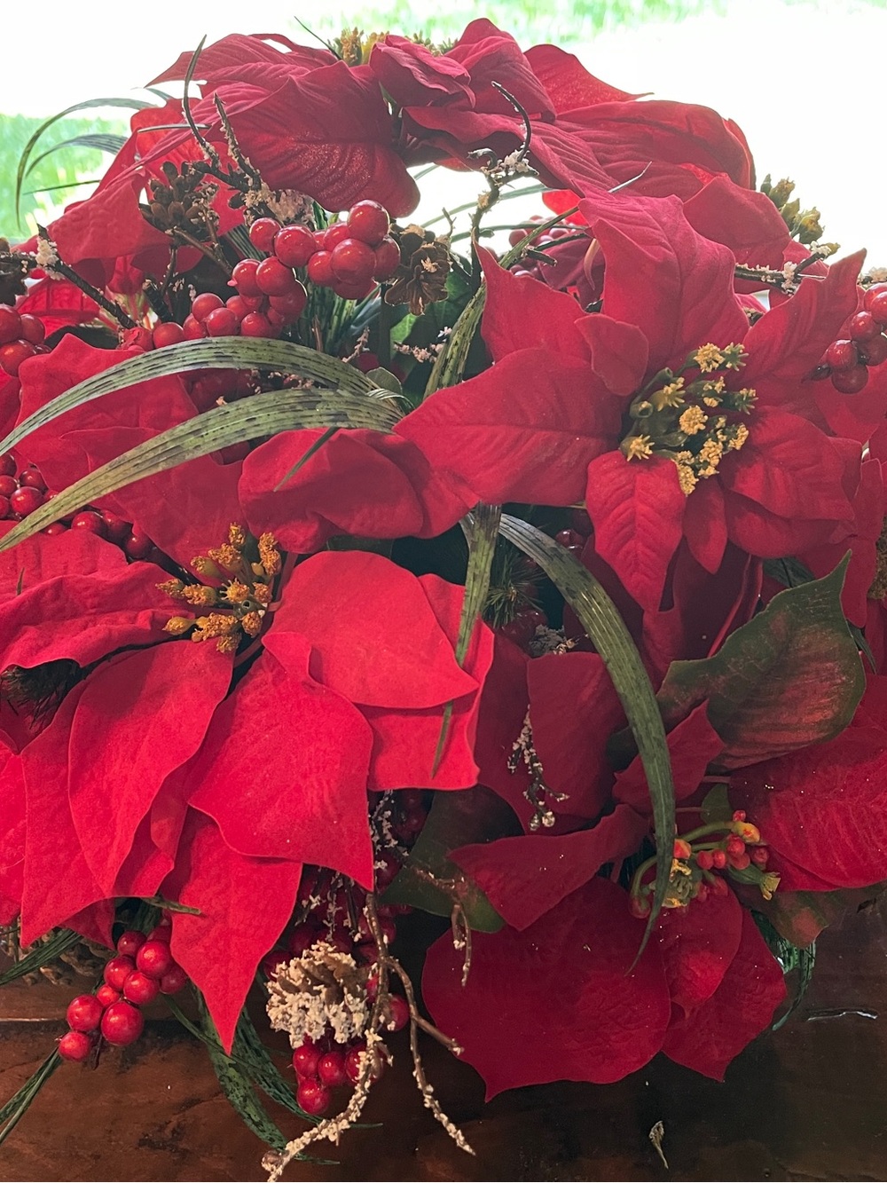 Festive Red Poinsettia Holiday Arrangement - Unbranded with Birch Wrapped Base